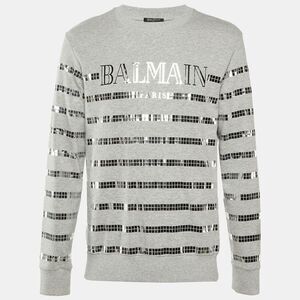 Balmain Grey Metallic Logo Print Cotton Crew Neck Sweatshirt S
